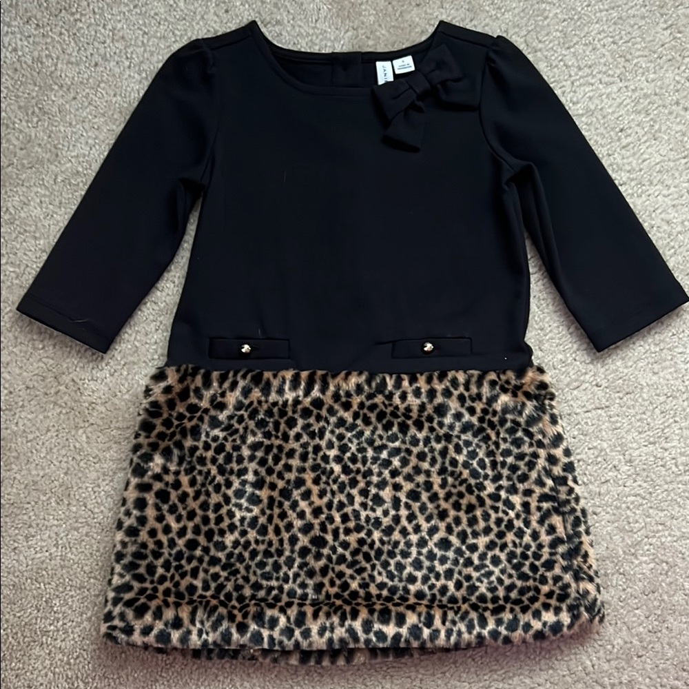 Janie and Jack Black and Cheetah Print Faux Fur Skirted Dress